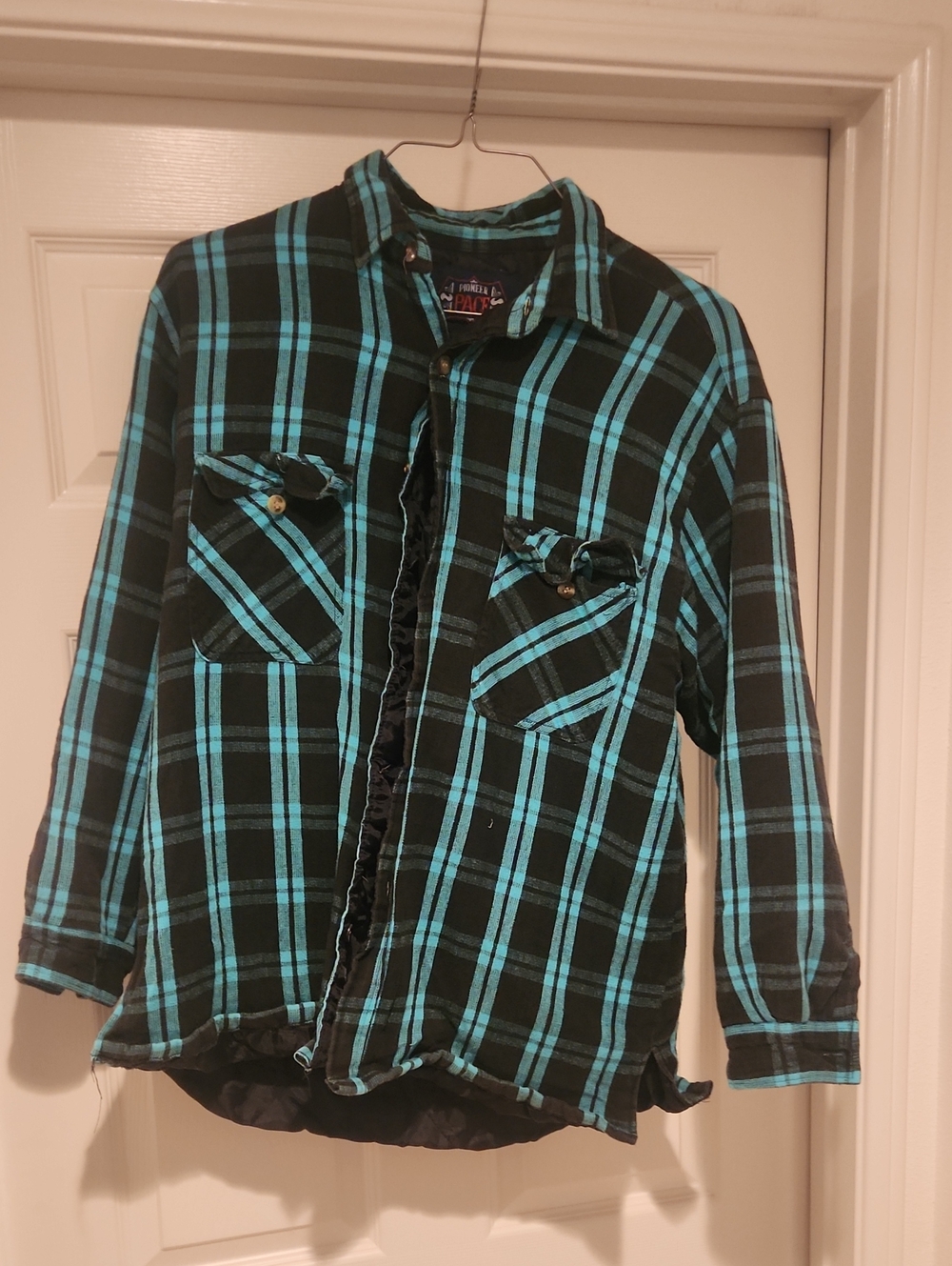 PIONEER Black Plaid Jacket Or Flanel with Teal Stripes